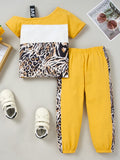 Girls Color Block Printed Cold-Shoulder Tee and Joggers Set