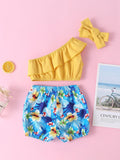Baby Girl One-Shoulder Ruffled Top and Floral Shorts Set - DezyMart™