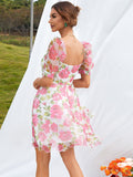 Floral Puff Sleeve Drawstring Detail Mini Dress - DezyMart™