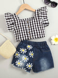 Girls Gingham Flutter Sleeve Top and Floral Denim Shorts Set - DezyMart™
