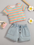 Girls Striped T-Shirt and Button Fly Denim Shorts - DezyMart™