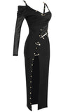 One Sleeve Pin Detail Slit Dress - DezyMart™