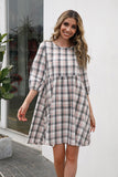 Plaid Three-quarter Sleeve Babydoll Dress - DezyMart™