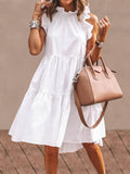 Women Solid Color Ruffles Trim Sleeveless Simple Midi Dresses - DezyMart™