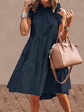 Women Solid Color Ruffles Trim Sleeveless Simple Midi Dresses - DezyMart™